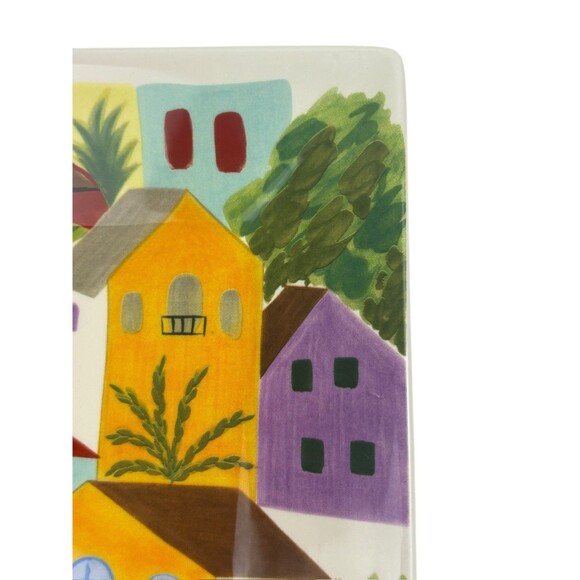 VTG Pier 1 One Villa del Sol Hand-Painted Square Plate Vibrant Village Folk Art - Picture 6 of 15